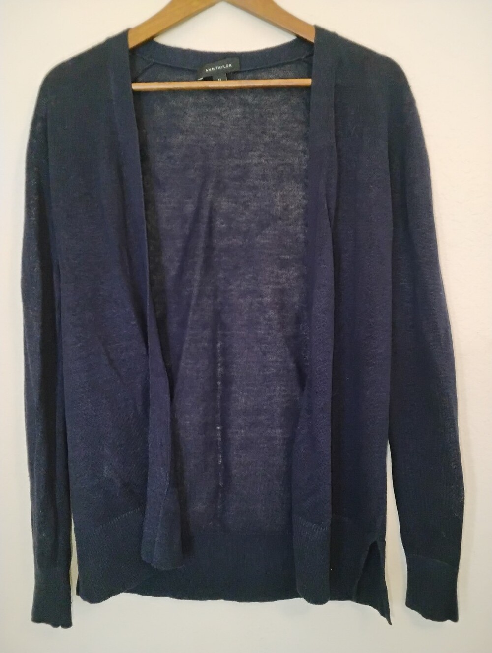 Ann Taylor Linen Blend Cardigan Womens XS Navy Blue Open Front Fall Minimalist